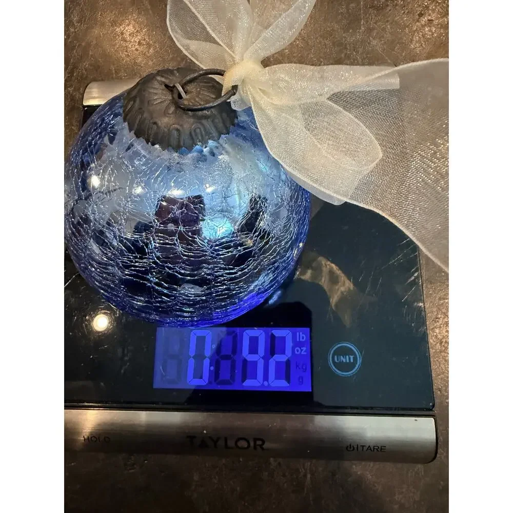 Heavy Crackle Glass German Kugel Ornament Ice Blue 9oz Blown Glass & Table Stand